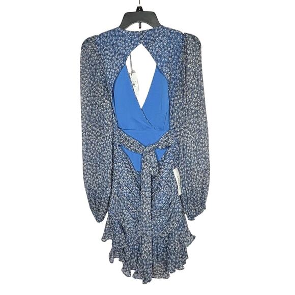 Bardot Blue Girly Ditsy Floral Ruched Open Back Mini Dress Size Large New - Picture 2 of 11